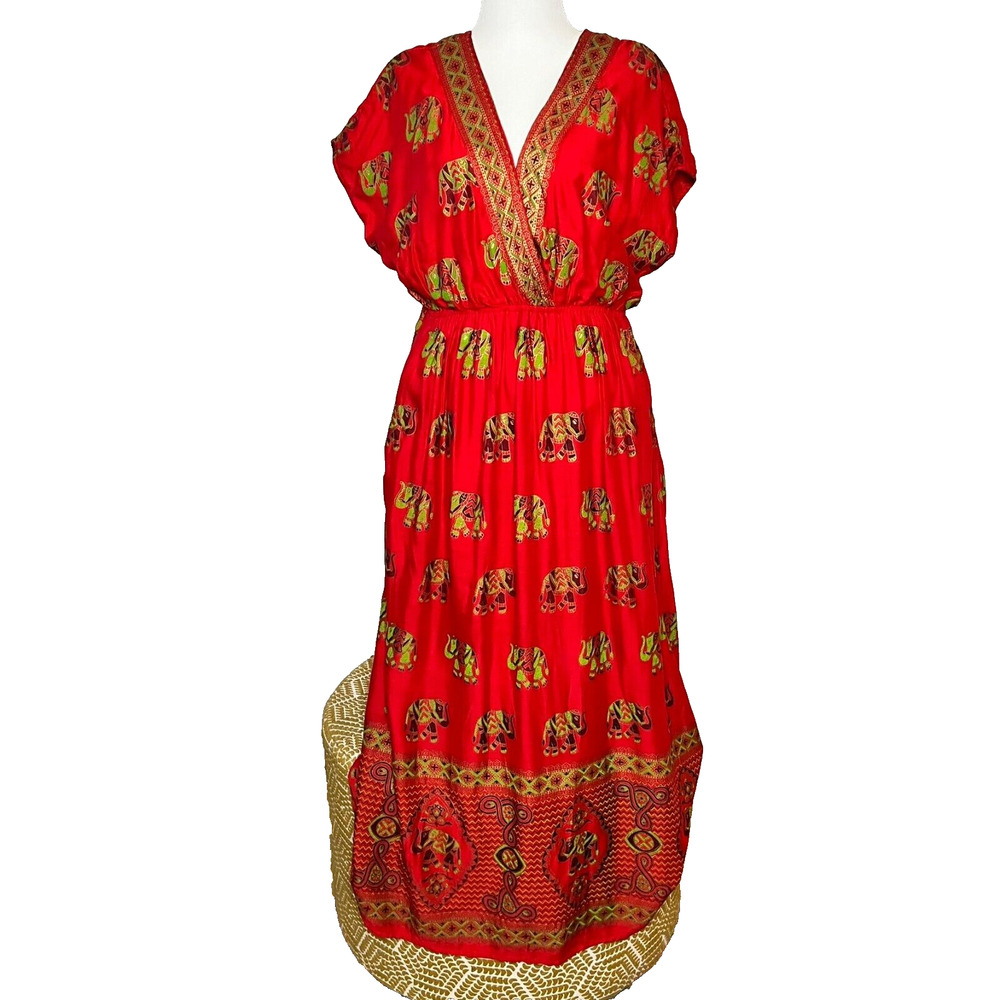 Lapogee Maxi Kaftan‎ Dress 2X Red Gold Elephant Pockets Safari Beach Boho